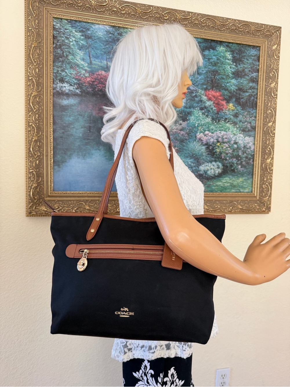 COACH Sawyer Black Tote black cotton with Brown Leather Trim and Front Zip - Picture 3 of 10